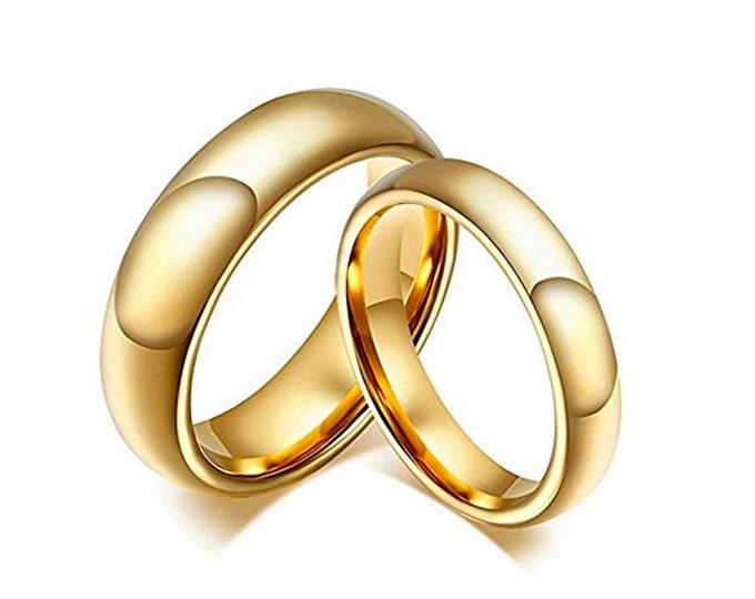 Tungsten Carbide Wedding Band Set, Custom Engraved Dainty Ring, Yellow Gold Plated Rings for Him & Her, Classic Couple Bands for Engagement