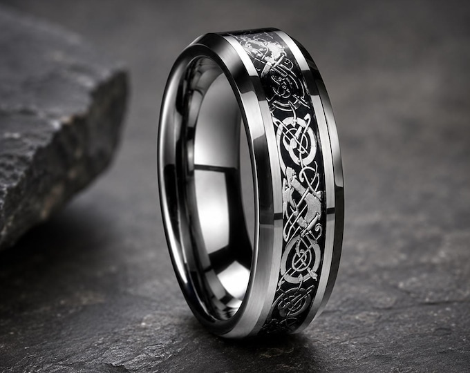 Celtic Dragon Meteorite Tungsten Wedding Band, Custom Engraved Viking Style Ring, Unique Fantasy Dragon Ring, Durable Black Inlay Band