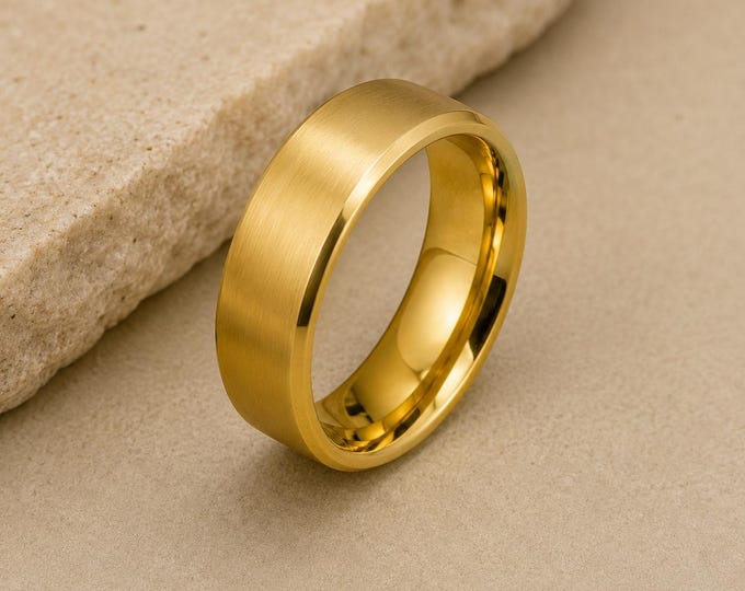 Personalized Yellow Gold Titanium Wedding Band, 8mm Domed Comfort Fit Ring, Custom Engraved Men's Wedding Ring, Anniversary Promise Band
