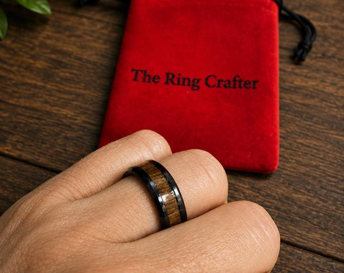 Custom Engraved 8mm Black Tungsten Carbide Ring with Hawaiian Koa Wood Inlay, Personalized Wedding Band, Promise Ring Comfort Fit Gift
