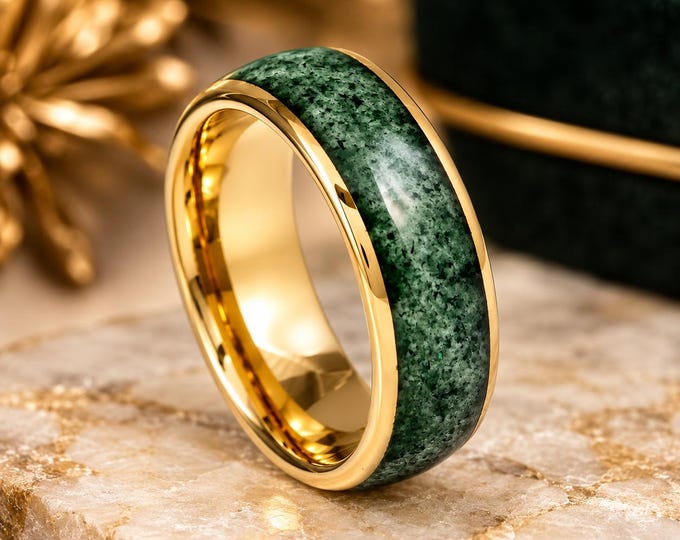 Personalized Moss Agate Inlay Tungsten Ring 8mm, Beveled Edge Wedding Band, Custom Engraved Men's Ring, Nature Inspired Promise Ring