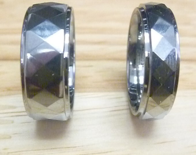 Custom Laser Engraving Ring - 8mm/6mm Tungsten Carbide Stepp Edge Facet Cut Wedding Band Ring Set Gift for Her & Gift for Him