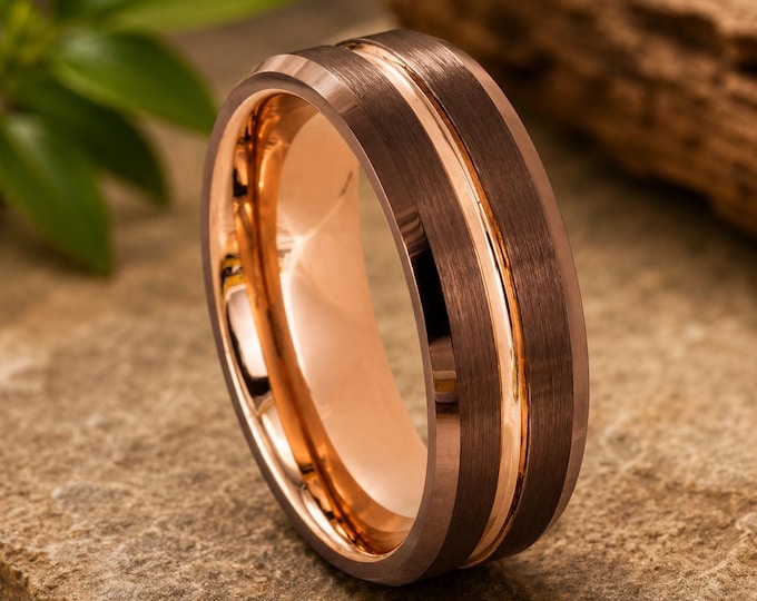Custom Engraved Espresso Tungsten Ring, 18K Rose Gold Groove Wedding Band, Personalized Tungsten Carbide Ring, Comfort Fit Promise Ring