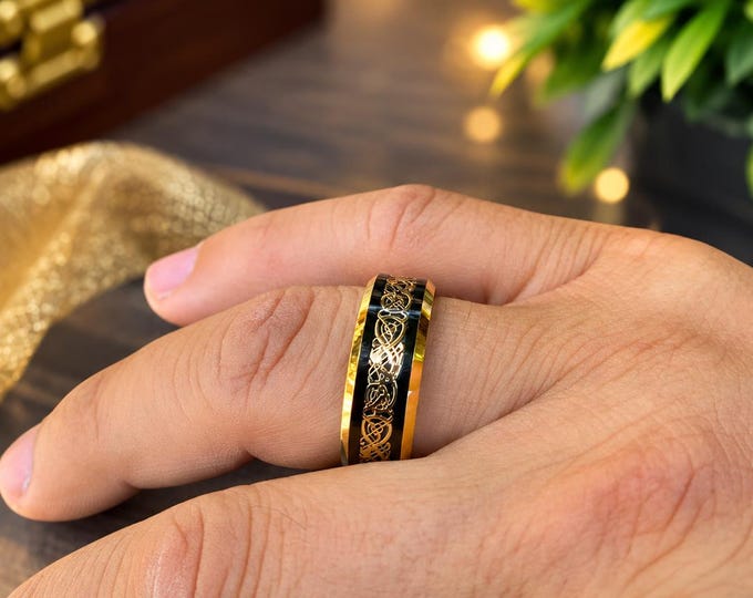 Custom Dragon Celtic Wedding Band, 8mm Black Tungsten Carbide Ring, Rose Gold Inlay, Personalized Engraved Wedding Ring, Comfort Fit Gift