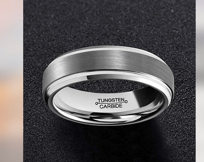 6mm or 8mm Brushed Finish Ring, Custom Engraved Tungsten Ring, Step Edge Design Ring, Durable Wedding Band, Personalized Promise Ring