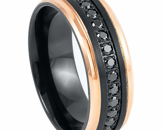 Black & Gold Tungsten Eternity Wedding Band, 8mm CZ Prong-Set Ring, Unisex Durable Engagement Ring for Him, Promise Ring for Her