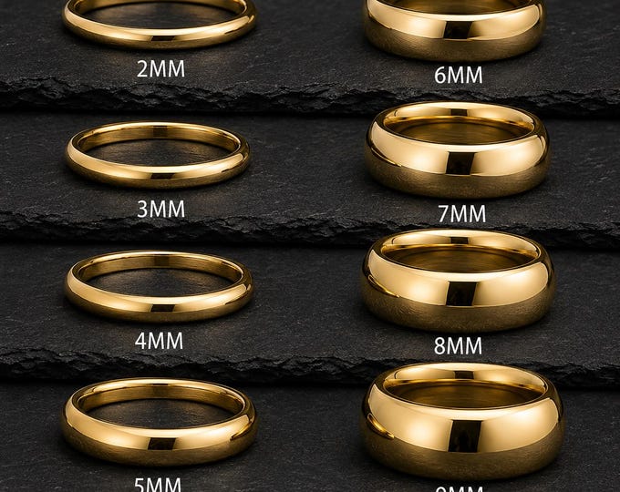 Gold Tungsten Wedding Band, Polished Tungsten Carbide Ring, His and Hers Wedding Band, Comfort Fit Promise Ring, Sizes 2mm to 9mm Width Ring
