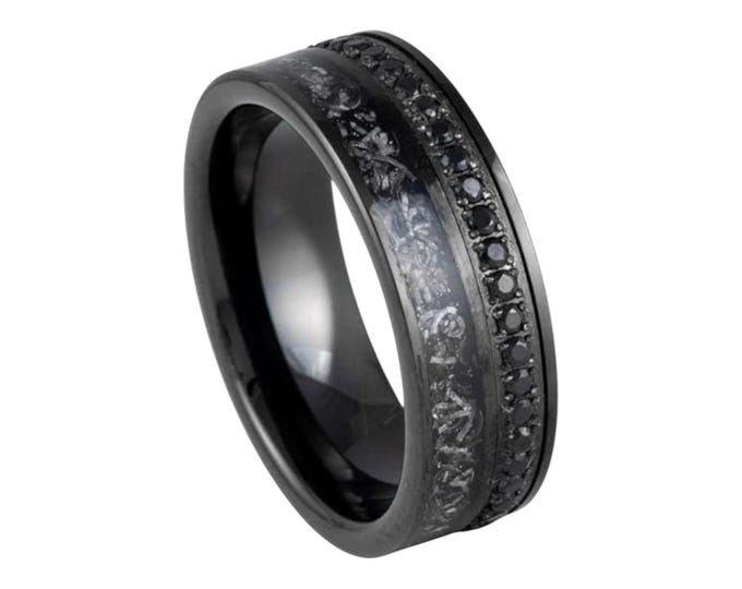 Tungsten Ring with Titanium Shavings Black CZ Eternity, Custom Black Elegant Ring, 8mm Wedding Band for Men and Women, Laser Engraving Ring