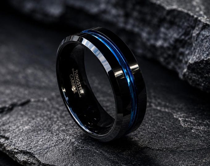 Personalized Black Tungsten Wedding Band 8mm, Custom Engraved Ring, Two-Tone Tungsten Ring with Blue Line, Comfort Fit Promise Groom Band