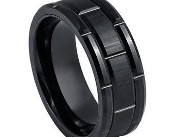 Free Personalized laser engraving Ring for Men and Women Black Plated Brick Pattern Design – 8mm Wedding Band Ring Ideal Rings for Couples