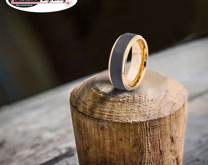 Rose Gold Step Edge Wedding Band, Custom Engraved Tungsten Ring 8mm, Anniversary Engagement Ring for Him or Her, Sandblasted Finish Ring
