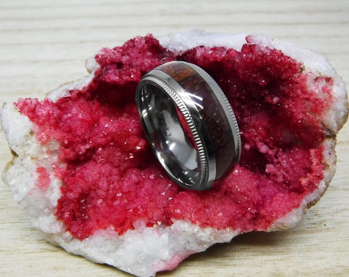 Titanium Koa Wood Wedding Band with Engraving, Custom 8mm Dainty Ring, Domed Migraine Edge Jewelry Ring, Unique Tungsten Promise Ring