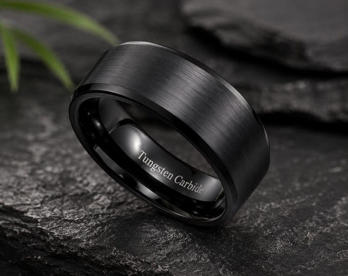 Black Tungsten Carbide Ring, Beveled Edge Custom Engraved Wedding Band, Durable Comfort Fit Anniversary Promise Ring Personalized Jewelry
