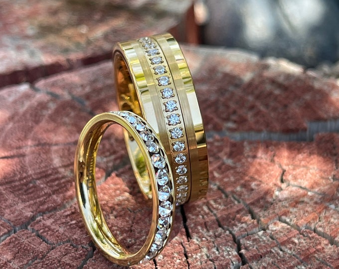 Custom Personalized Mens & Ladies Gold Tungsten Eternity with Titanium Cubic Zirconia Wedding Band Bride and Groom Ring Anniversary Set