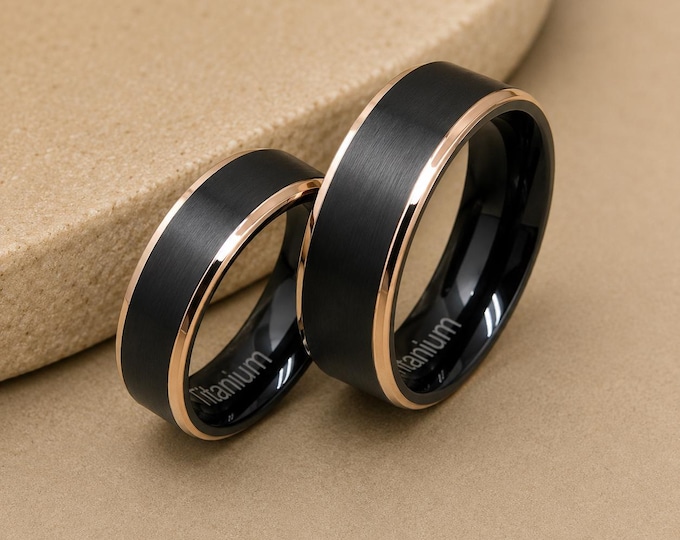 Black Brushed Titanium Wedding Ring Set, Rose Gold Edge Band, Free Custom Engraved Rings, Personalized Wedding Rings, Couples Promise Gift