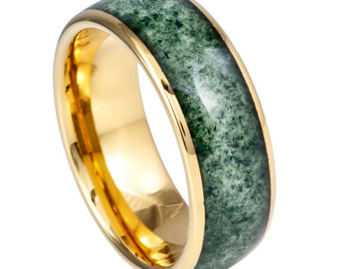 Free Personalized laser engraving Ring for Men and Ring for Women Beveled Edge with Moss Agate Inlay – 8mm Wedding Band Ring for Couples