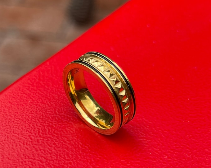 Custom Personalized 6mm Titanium Yellow Gold IP Pyramid Center Engagement Anniversary | Wedding Band Ring for Men Or Women