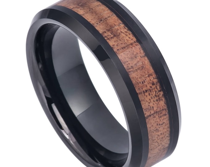 8mm Black Tungsten Ring with Hawaiian KOA Wood Inlay, Custom Engraved Dainty RIng, Men's Wedding Band, Unique Rustic Anniversary Gift