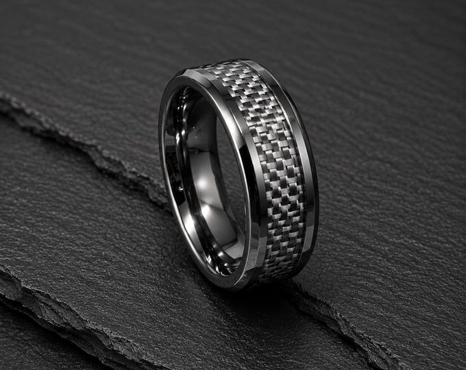 Custom Engraved Tungsten Carbide Wedding Band, Gray Carbon Fiber Inlay Ring, Modern Couple's Wedding Ring, Personalized Anniversary Gift