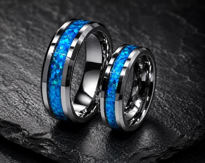 Blue Hawaiian Fiber Inlay Ring with Free Custom Engraving, Beveled Edge Wedding Band, Personalized Couple Ring, Comfort Fit Promise Ring