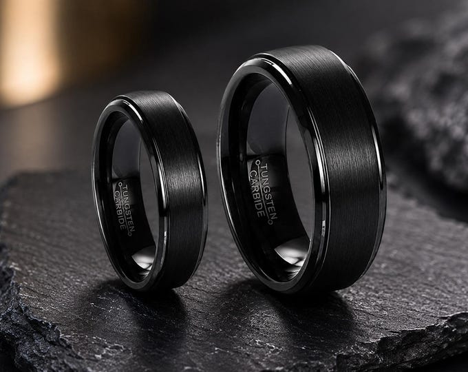 Personalized Black Tungsten Carbide Wedding Ring Set, Modern Promise Bands, 8mm & 6mm Pipe Cut Rings, Custom Engraved Anniversary Gift
