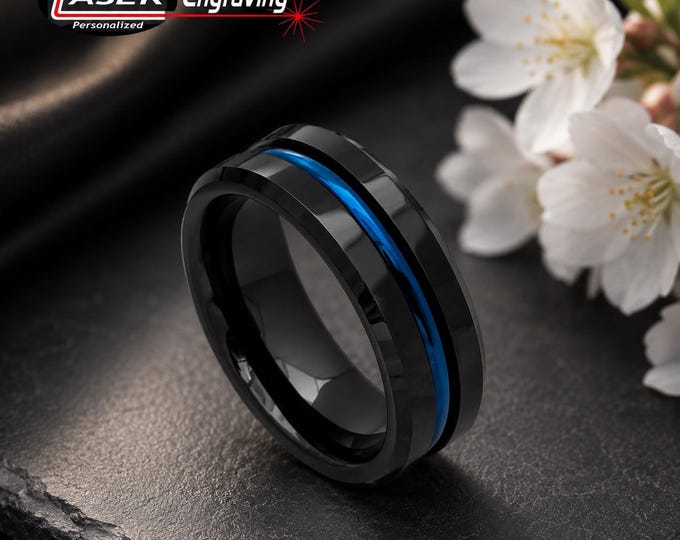Black Tungsten Wedding Band for Men, Blue Groove Ring, Personalized Mens Engraved Ring, Custom Groom Wedding Band, Unique Promise Ring