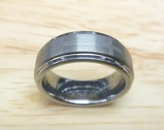 Custom Laser Engraving Ring- 6mm Tungsten Carbide Step Edge with Brushed Center and Crosses Wedding Ring for Men Women Gift for Her & Him