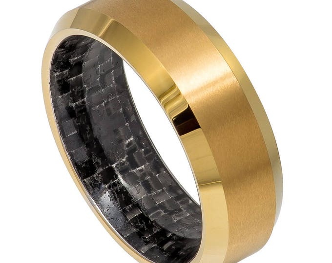 Unisex Promise or Commitment Ring, Custom Engraved Tungsten Wedding Band, 8mm Black Carbon Fiber Inlay Ring with Yellow Gold IP