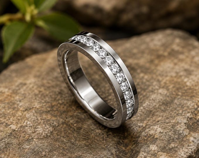 Personalized Titanium Eternity Ring, Custom Engraved Gold & White IP Plated 3mm Wedding Band with CZ, Minimalist Promise Anniversary Ring