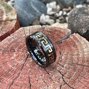 Custom Black Ceramic Ring with Gold Greek Key, 8mm Beveled Wedding Band, Personalized Engraving for Men or Women, Unisex Promise Ring