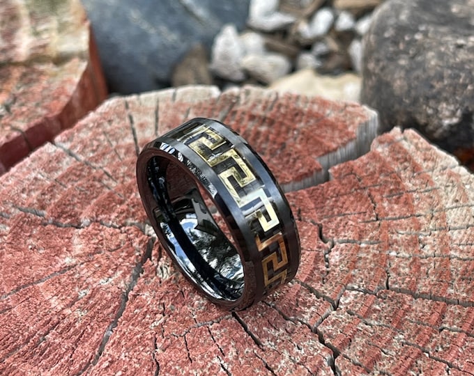 Personalized Laser Engraving 8mm Black Ceramic Beveled Shape With Gold Plated Greek Key Inlay Wedding Band Ring for Men Or Women