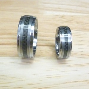 Custom Laser Engraving Ring - 8mm/6mm Tungsten Carbide Step Edge With Black Carbon Fiver Inlay Wedding Band Ring Set Gift for Her & Him