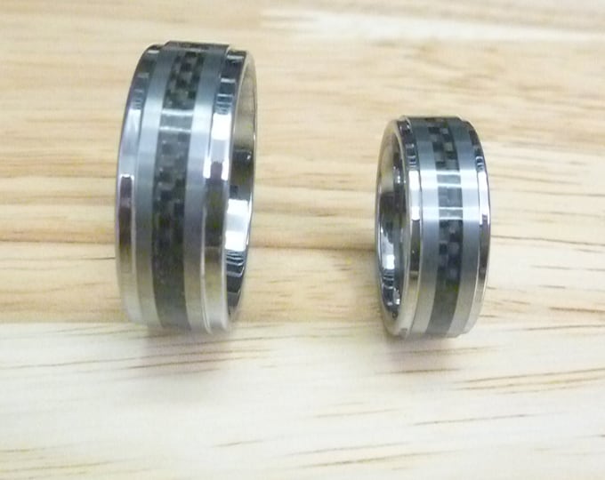 Custom Laser Engraving Ring - 8mm/6mm Tungsten Carbide Step Edge With Black Carbon Fiver Inlay Wedding Band Ring Set Gift for Her & Him