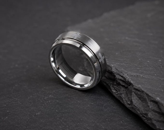 Personalized Tungsten Ring for Men, Engraved Beveled Edge Wedding Band with Brushed Center Finish, Modern Durable Anniversary Jewelry