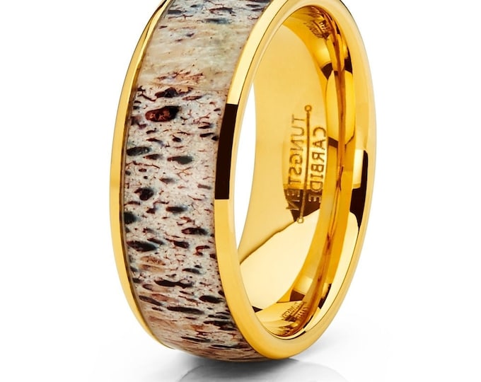 8mm Gold Tungsten Carbide Band with Real Antler, Laser Engraving Statement Ring, Custom Antler Inlay Tungsten Ring, Elegant Dainty Ring