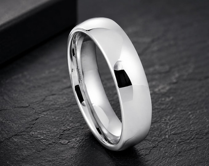 Personalized White Tungsten Wedding Ring, Platinum Plated Comfort Fit Band, Custom Engraved His-Hers Wedding Band, Dainty Couples Gift