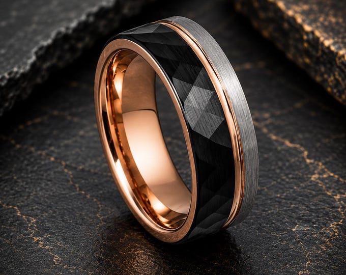8mm Black Tungsten Wedding Band for Men, Faceted Finish Stripe Two Tone Plated Ring, Modern Jewelry, Unique Groom Ring, Comfort Fit Band