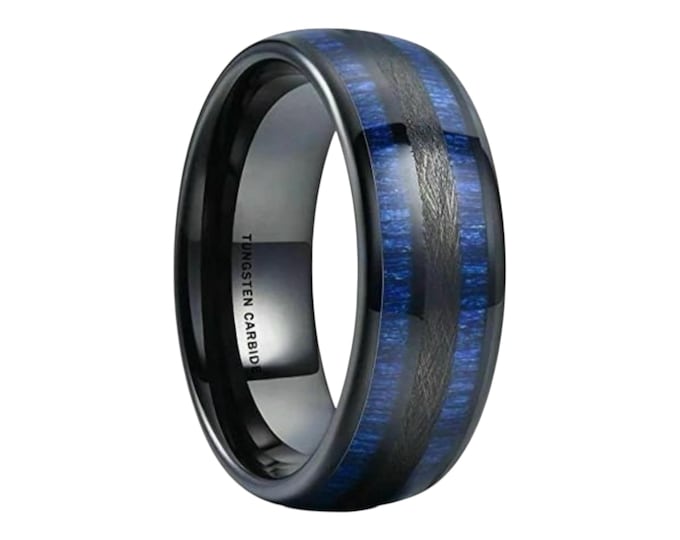 Personalized 8mm Blue Tungsten Carbide Exotic Blue Wood Inaly Carbon Fiber Inlay  Engagement Anniversary  Wedding Band Ring Men Or Women