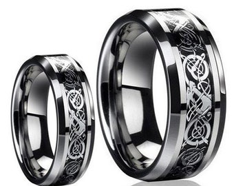 Custom Personalized Men & Woman 8mm/6mm Tungsten Carbide Celtic Knot Dragon Design over Black Carbon Fiber Inlay Wedding Band Ring Set