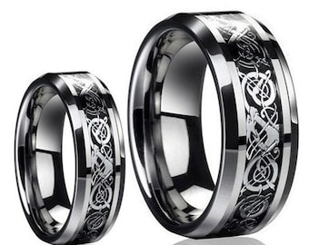 8mm/6mm Band for Men & Women, Unique Personalized Wedding Band with Intricate Knot Design, Custom Engraved Celtic Dragon Tungsten Ring