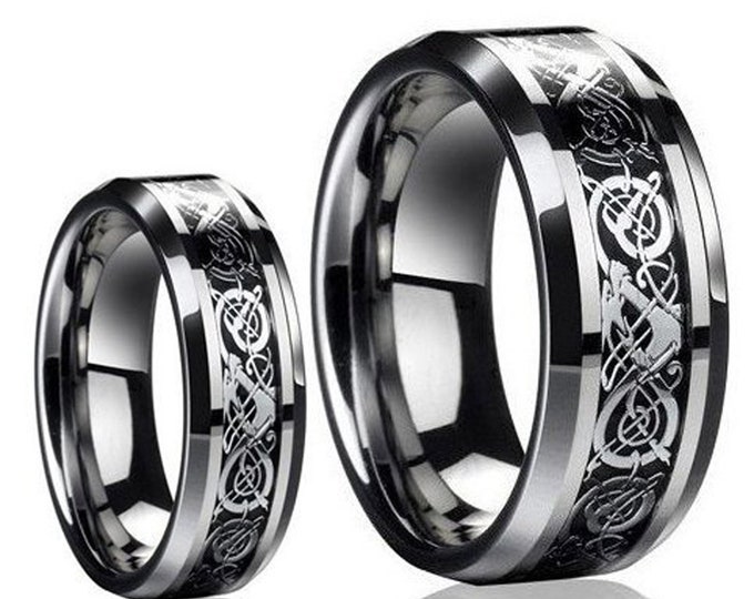 8mm/6mm Band for Men & Women, Unique Personalized Wedding Band with Intricate Knot Design, Custom Engraved Celtic Dragon Tungsten Ring