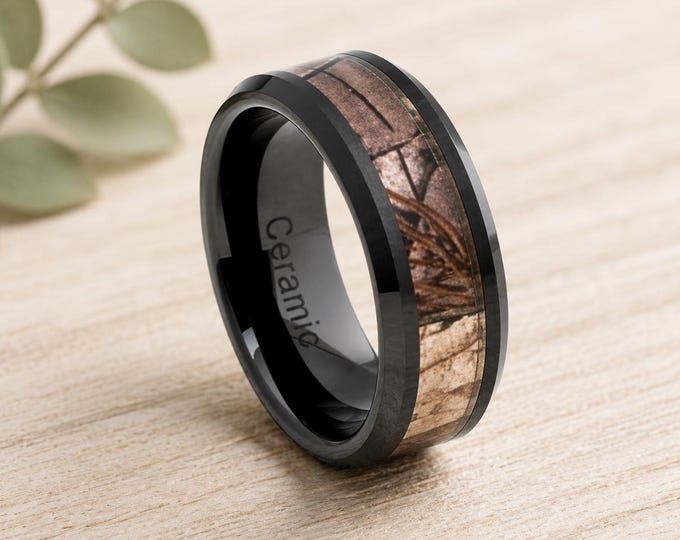 Camouflage 8mm Black Ceramic Ring, Forest Floor Foliage Camo Inlay Ring for Men, Camo Inlay & Beveled Edge Band, Men's Hunting Camo Ring