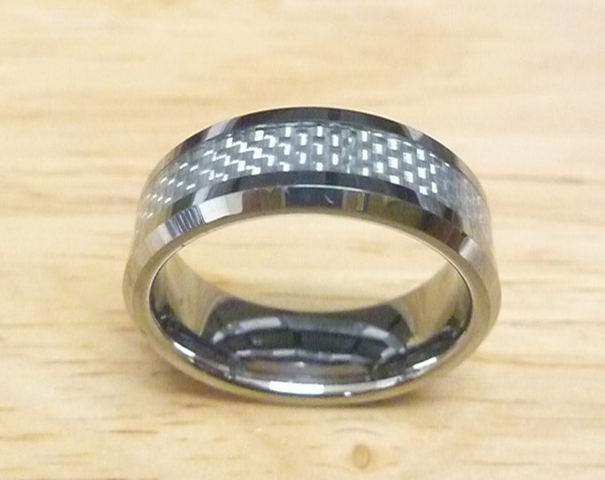 Personalized 8mm Tungsten Ring with Carbon Fiber Inlay, Custom Engraving Beveled Edge Silver Gray Band for Women, Wedding or Promise Ring