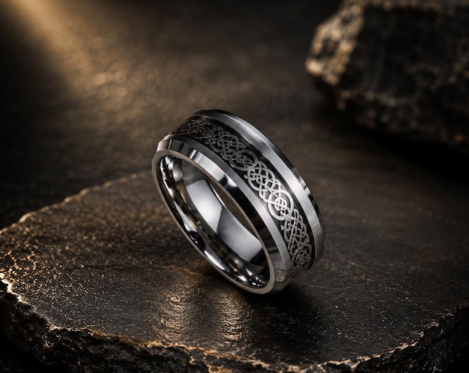 Personalized Tungsten Celtic Ring, Custom Engraved Wedding Band, Black Carbon Fiber Inlay Ring, Comfort Fit His & Hers Promise Gift Jewelry
