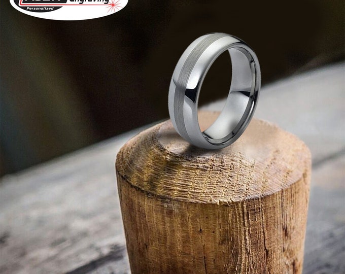 Personalized Engraving - 8mm Tungsten Carbide Domed With Brush Center Line  | Engagement Anniversary | Wedding Band Ring for Men Or Women