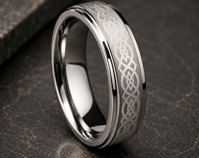 Celtic Knot Tungsten Carbide Wedding Ring, 6mm Engraved Band, Unique Irish-Inspired Design Ring, Couple Promise Anniversary Gift Ring