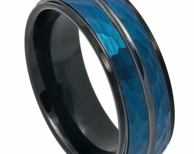 Men's Sapphire Ring, Blue Band Silver Outline with Sapphire Ring, Blue Square Hammered Tungsten Engagement Ring, 8mm Tungsten Ring