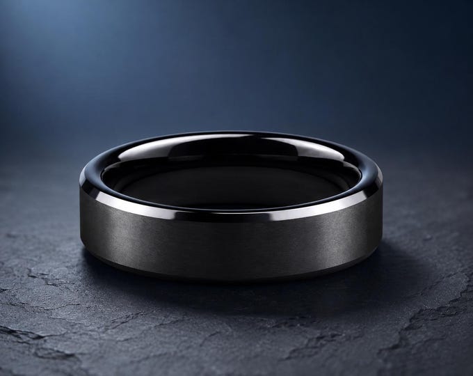 Personalized Black Tungsten Ring with Custom Engraving, Beveled Edge Wedding Band, Comfort Fit Promise Ring, Couples Anniversary Gift