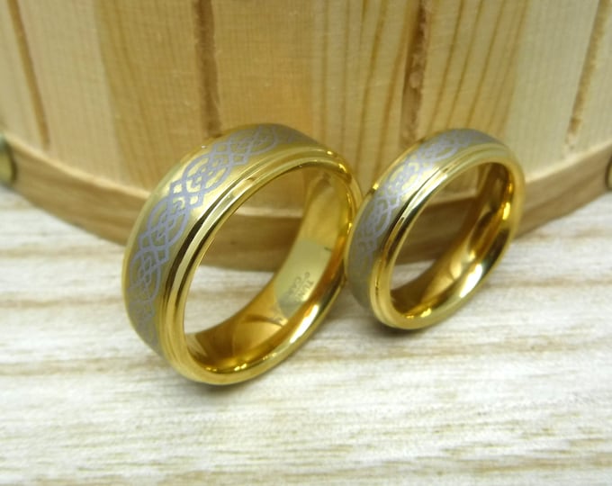 Personalised Celtic Wedding Ring Set, His & Hers Tungsten Bands with Gold Cross Design Ring, Engraved 8mm/6mm Ceramic Rings, Art Deco Ring