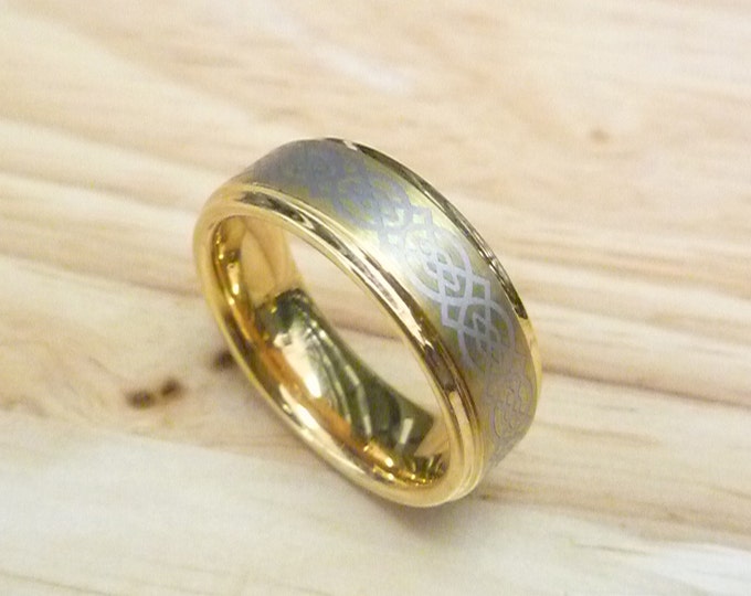 Custom Laser Engraving Ring - 8mm Tungsten Carbide Step Edge Gold Plated with Celtic Knot Pattern Wedding Band Ring Gift for Her & Him